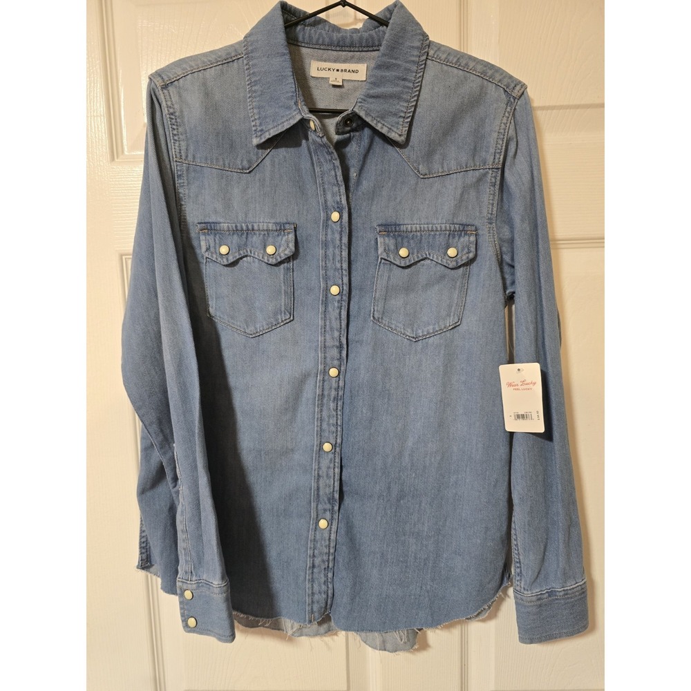 LUCKY BRAND Denim Western Shirt Pearl Snap Raw Hem Sawtooth Style Indigo Blue S
